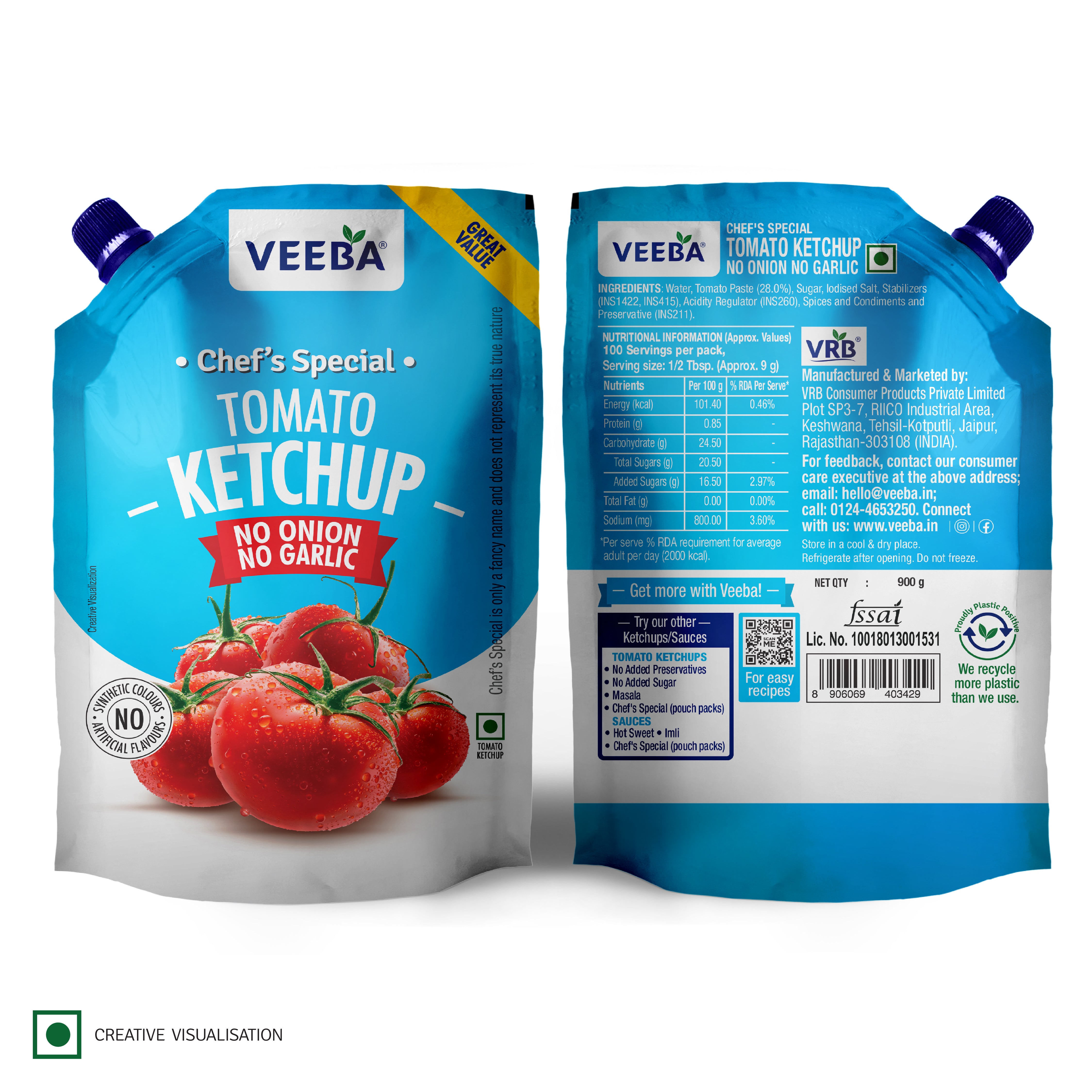 VEEBA CHEF'S SPECIAL TOMATO KETCHUP NO ONION NO GARLIC (900g)